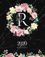 2020 Diary Planner: Dark 8x10 Planner Watercolor Flowers Monogram Letter "R" on Black Marble