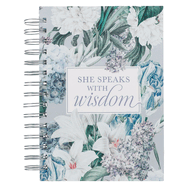 Christian Art Gifts Journal W/Scripture She Speaks with Wisdom Proverbs 31:26 Bible Verse Blue Floral 192 Ruled Pages, Large Hardcover Notebook, Wire Bound