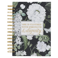 Christian Art Gifts Journal W/Scripture Strength & Dignity Proverbs 31:25 Bible Verse Navy Floral 192 Ruled Pages, Large Hardcover Notebook, Wire Bound