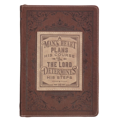 Classic Faux Leather Journal a Man's Heart Proverbs 16:9 Bible Verse Brown Inspirational Notebook, Lined Pages W/Scripture, Ribbon Marker, Zipper Closure - Christian Art Gifts Inc (Creator)