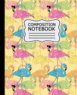 Composition Notebook: Colorful Flamingos Pattern on Yellow Background 7.5" X 9.25" Wide Ruled 110 Pages