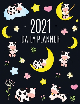 Cow Planner 2021: Cute 2021 Daily Organizer: January - December (with Monthly Spread) For School, Work, Appointments, Meetings & Goals Large Funny Pretty Farm Animal Year Agenda Beautiful Blue Yellow Pink Weekly Scheduler with Calf, Moon & Hearts - Journals, Happy Oak Tree