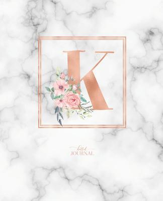 Dotted Journal: Dotted Grid Bullet Notebook Journal Rose Gold Monogram Letter K Marble with Pink Flowers (7.5 X 9.25) for Women Teens Girls and Kids - Cute Little Journals