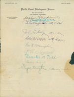 Autographs From Noteworthy Californians on Pacific Coast Development Bureau Letterhead. Re: Commercial Encyclopedia of the Pacific Southwest By Ellis a. Davis