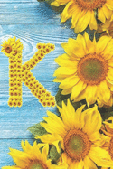 K: Sunflower Personalized Initial Letter K Monogram Blank Lined Notebook, Journal and Diary with a Rustic Blue Wood Background