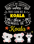 Koala Black Paper Notebook: Always Be Yourself Unless You Can Be a Koala - Cute Koala Journal with Motivational Quote - Blank Large College Ruled Lined Composition Notebook for Taking Notes - Use with Colored Pencils, Metallic Markers, Gel & Ink Pens