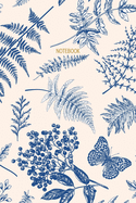 Notebook: Vintage Fern, Butterfly & Floral Pattern - Blue & Cream - Recycled Lined Blank Journal