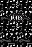 Notes: Music Notes Pattern Black Background 6"X9" 120 Blank Lined Pages Musical Notes Notebook
