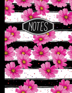Notes: Pink Flowers and Black and White Stripes 8.5" X 11" 110 Page Notebook