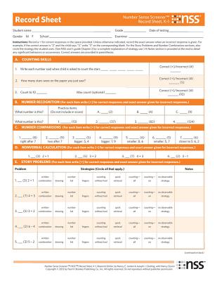 Number Sense ScreenerTM (NSSTM) K-1: Record Sheets - Jordan, Nancy C., and Glutting, Joseph J., and Dyson, Nancy