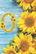 O: Sunflower Personalized Initial Letter O Monogram Blank Lined Notebook, Journal and Diary with a Rustic Blue Wood Background