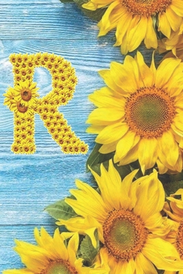 R: Sunflower Personalized Initial Letter R Monogram Blank Lined Notebook, Journal and Diary with a Rustic Blue Wood Background - Monogram Sunflower Journals