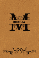 Split Letter Personalized Journal - Melinda: Elegant Flourish Capital Letter on Light Brown Leather Look Background