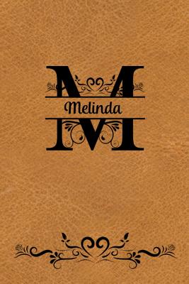 Split Letter Personalized Journal - Melinda: Elegant Flourish Capital Letter on Light Brown Leather Look Background - Spring Hill Stationery