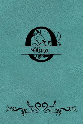 Split Letter Personalized Name Journal - Olivia: Elegant Flourish Capital Letter on Light Teal Leather Look Background - Spring Hill Stationery