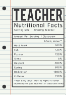 Teacher Appreciation Gift: Teacher Nutritional Fact - Notebook Gift for Teacher, Thank You, Retirement