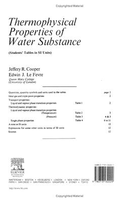 Thermophysical Properties of Water Substance: Students' Tables in Si Units - Cooper, Jeffrey, and Le Fevre, Edwin